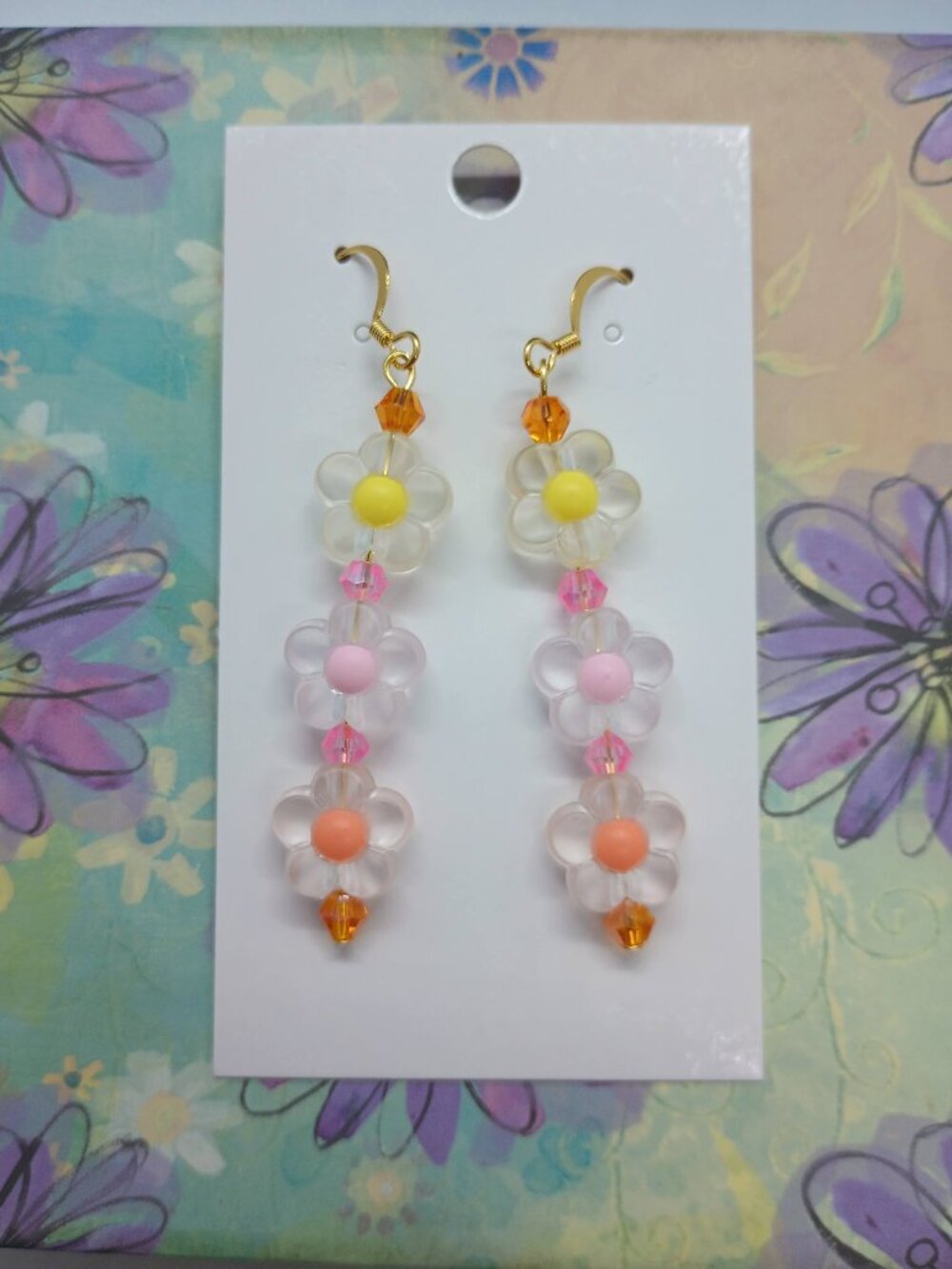 Dainty Daisy Chain Dangle Earrings Yellow, Orange, Pink Centers in White Flowers